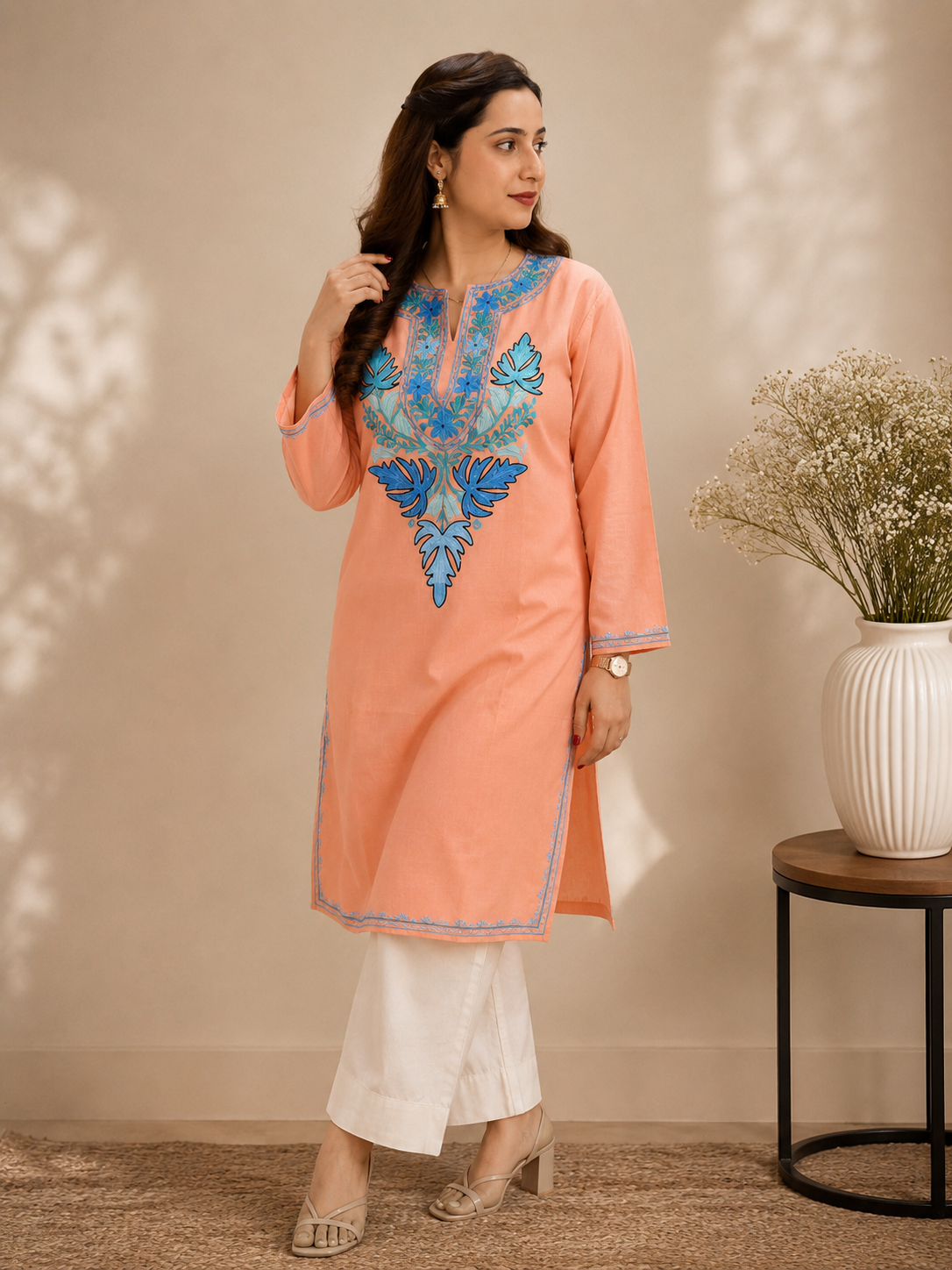 Peach Blue Aari Work Long Kurti in Ruby Cotton