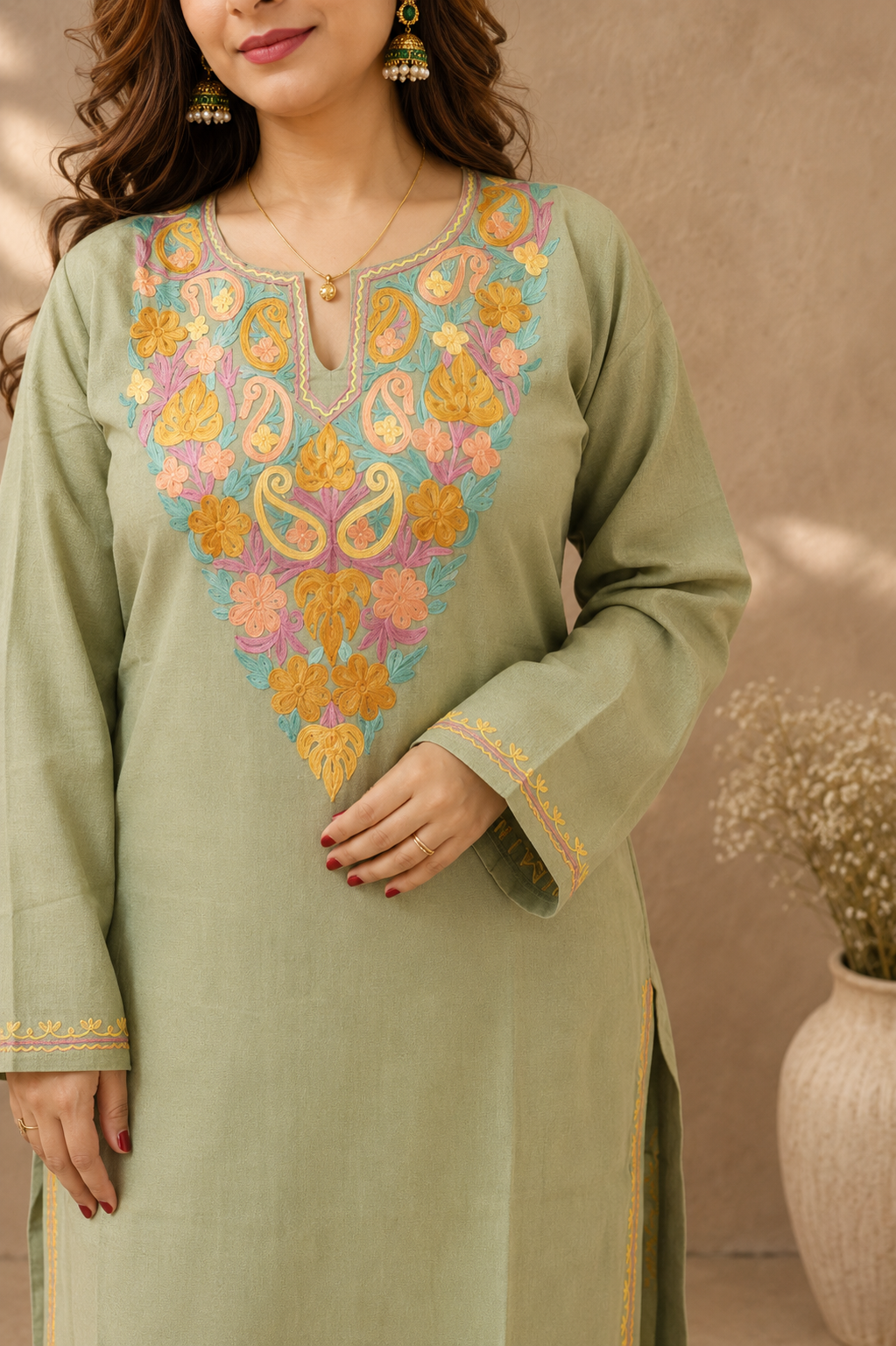 Light Green Aari Work Cord Set in Ruby Cotton