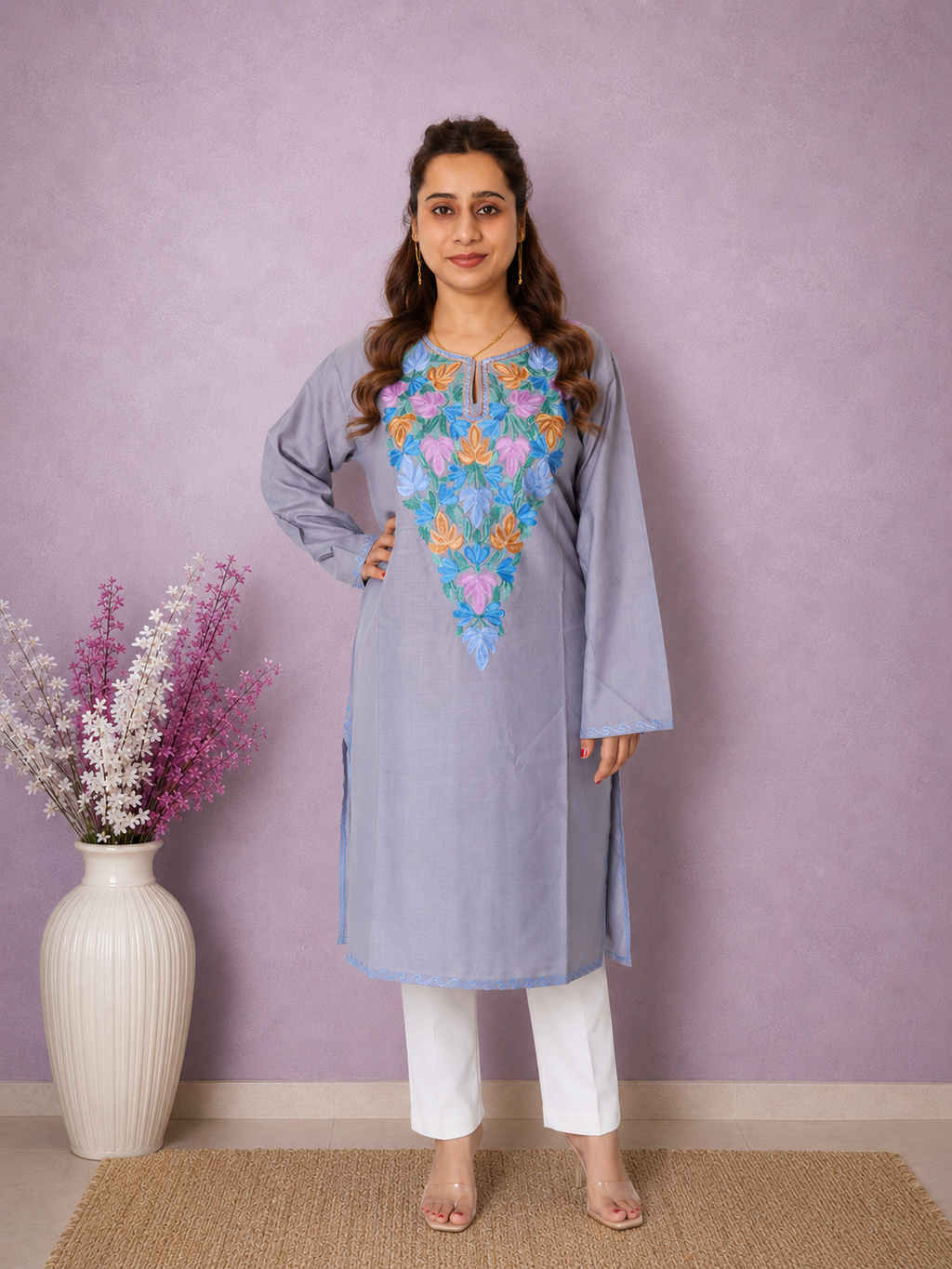 Grey Blue Aari Work Long Kurti in Ruby Cotton