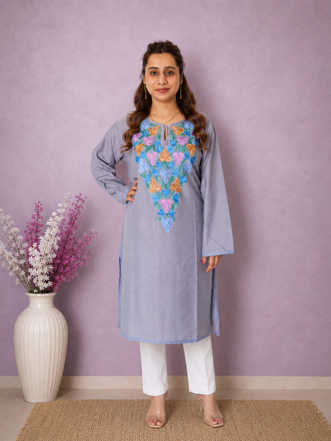 Grey Blue Aari Work Long Kurti in Ruby Cotton