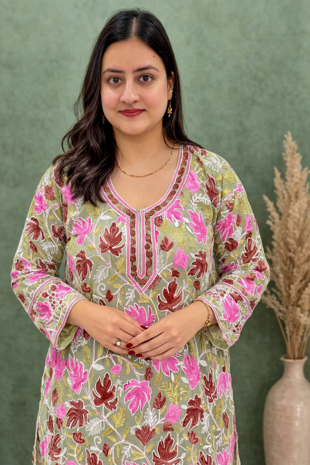Georgette Green Kashmiri Aari Work Long Kurta