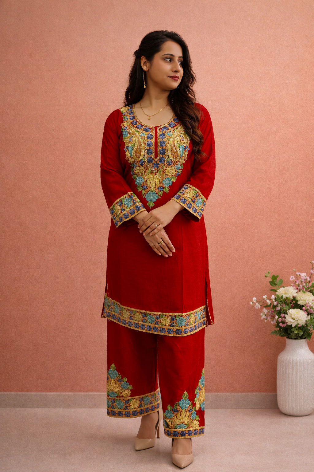 Rayon Red Kashmiri Aari Work Cord Set