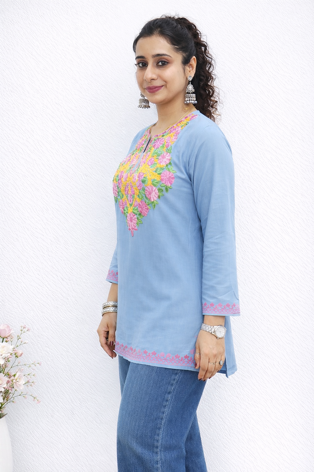 Rayon Grey Kashmiri Aari Work Short Kurta