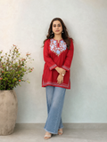 Red Blue Aari Work Short Kurti in Ruby Cotton