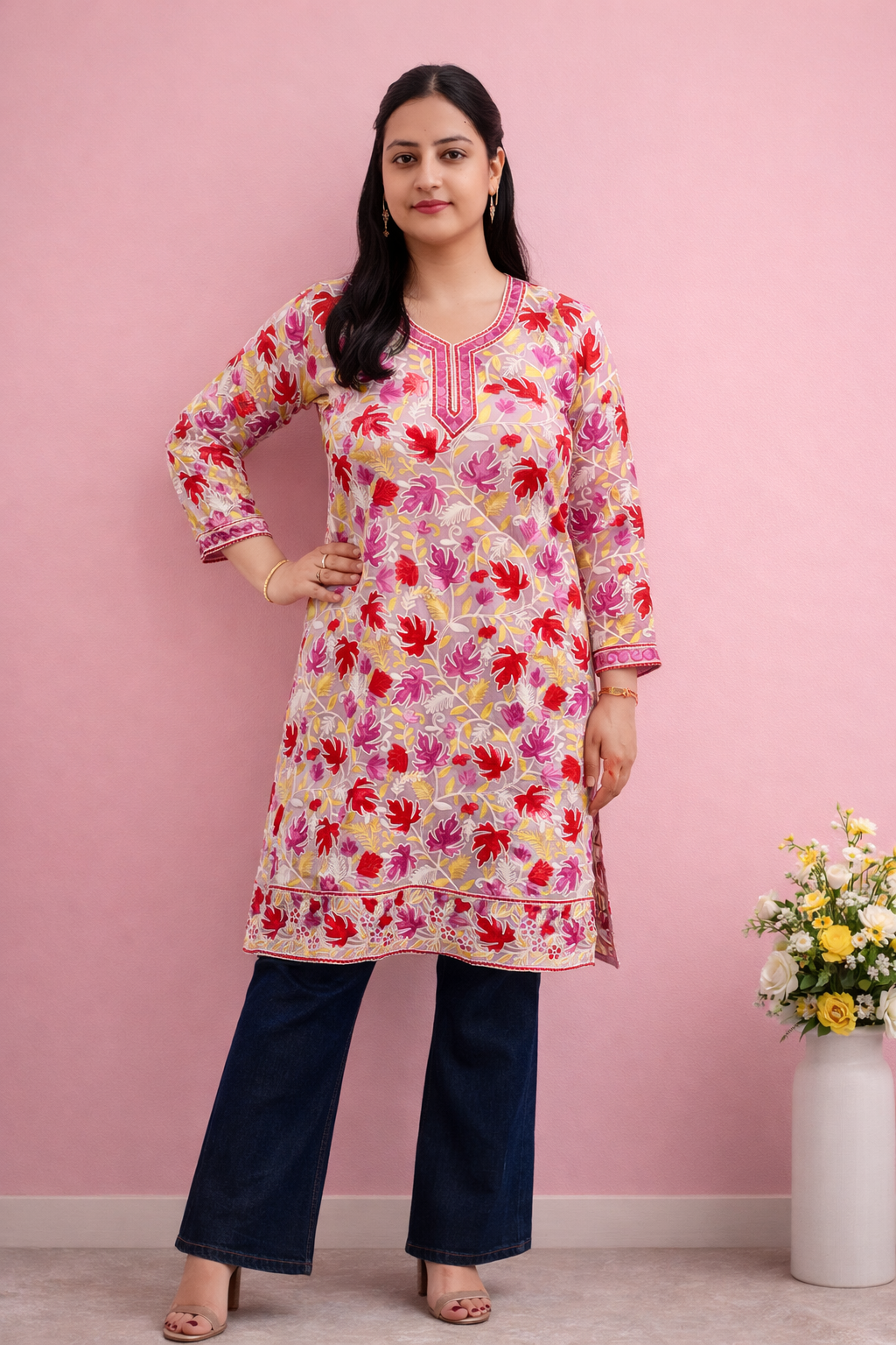 Georgette Baby Pink Kashmiri Aari Work Long Kurta