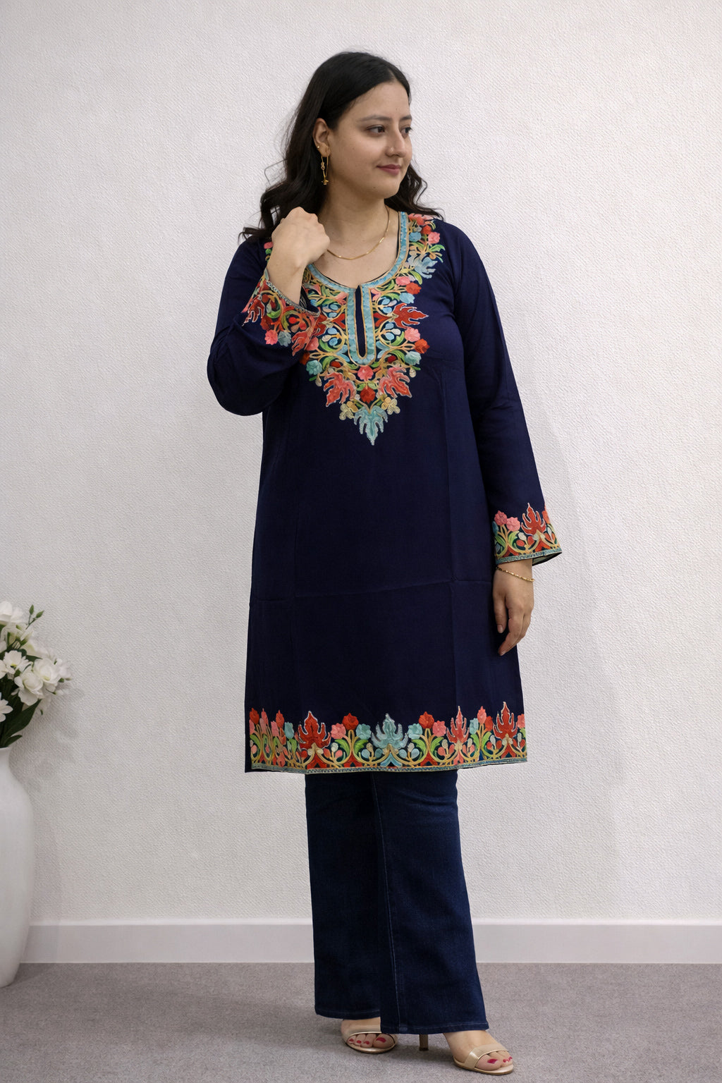 Rayon Blue Kashmiri Aari Work Long Kurta
