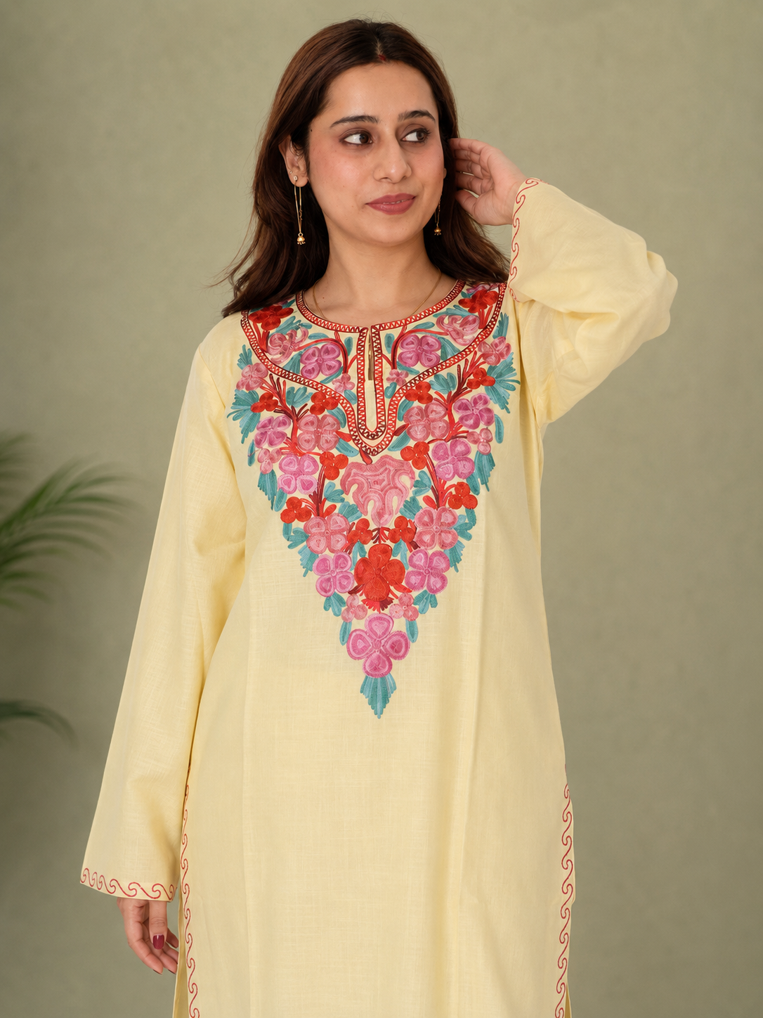 Aari Work Long Kurti in Light Yellow Pink Ruby Cotton