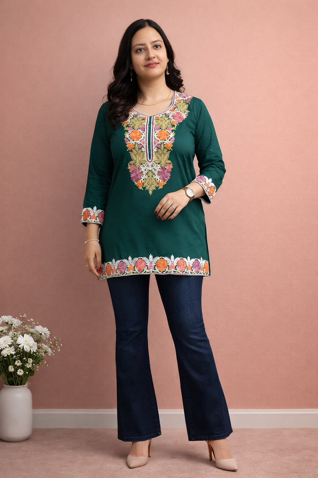 Cotton Dark Green Kashmiri Aari Work Short Kurta