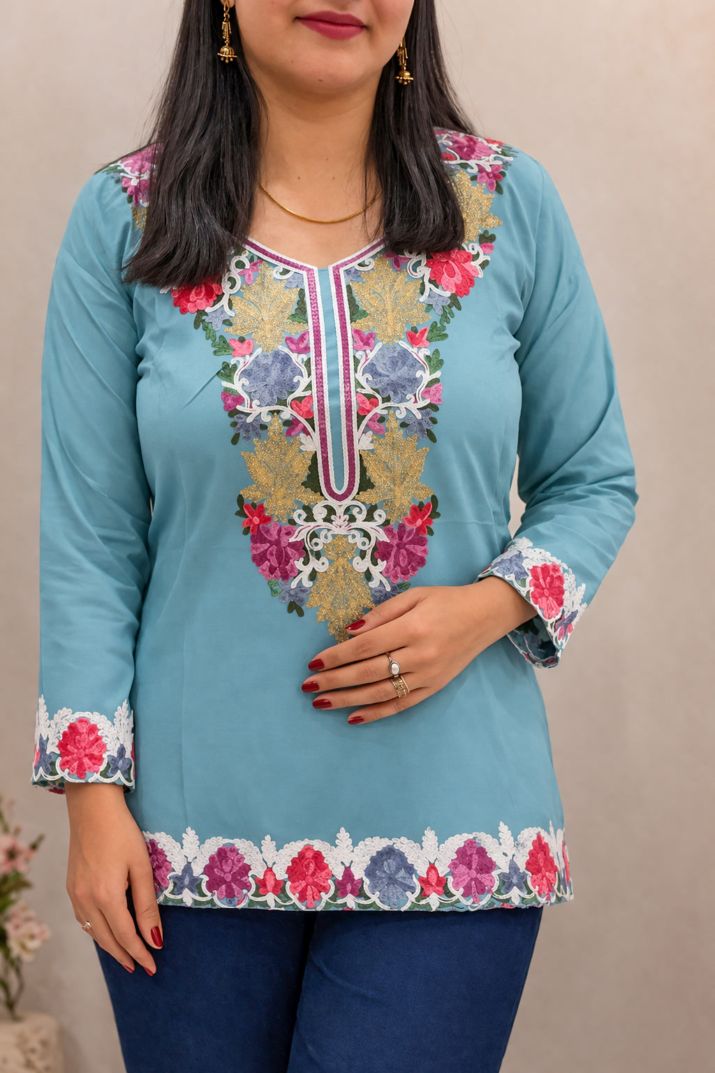 Cotton Teal Kashmiri Aari Work Short Kurta