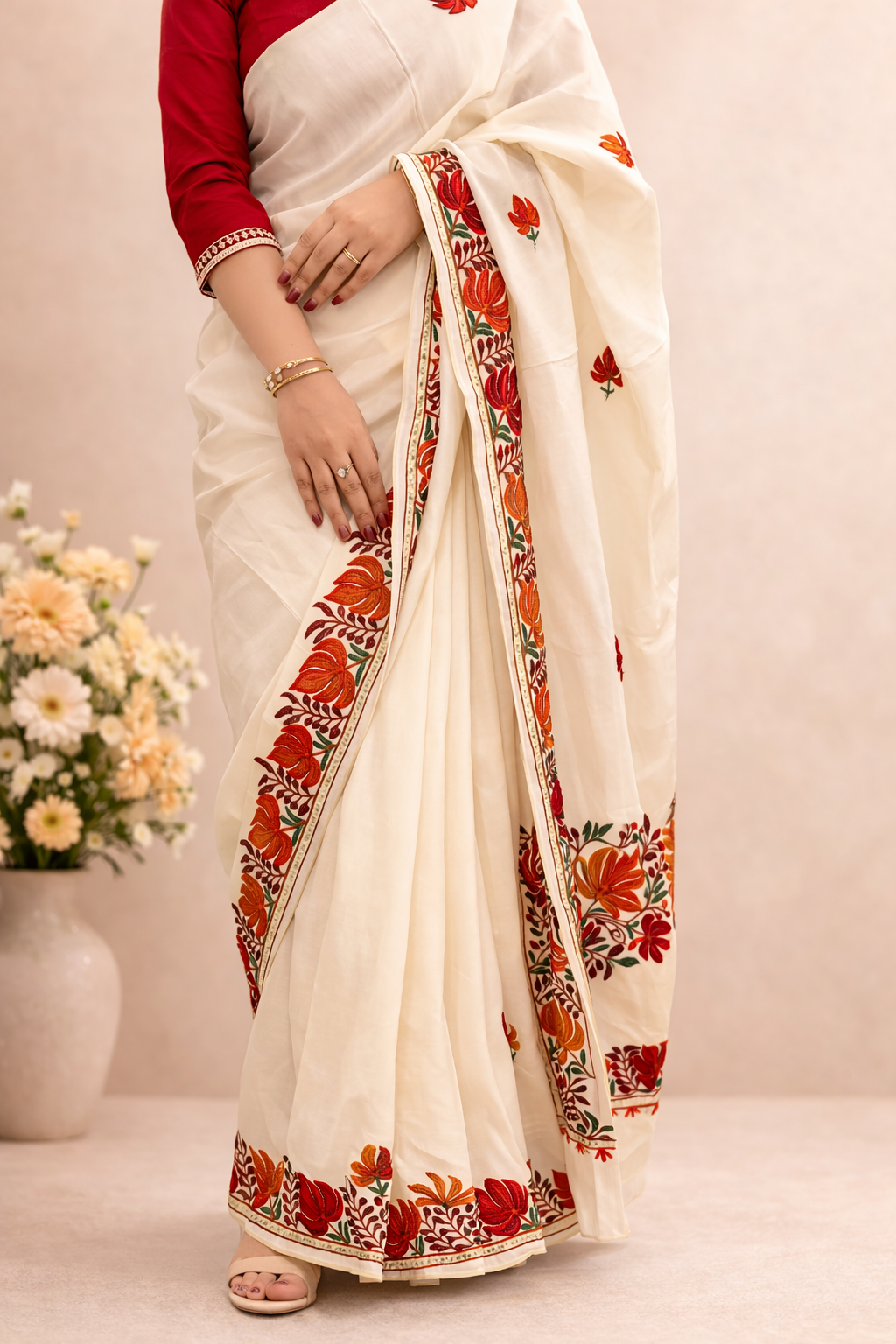 Silk Cream Kashmiri Aari Work Saree