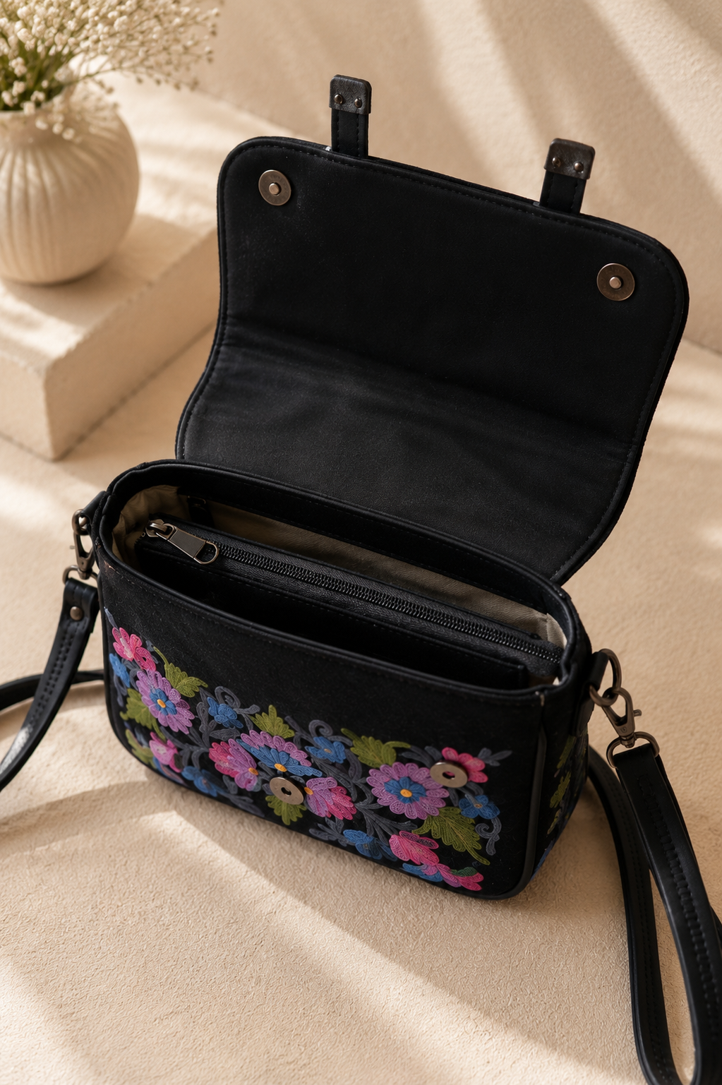 Aari Work Double Belt Handbags with Floral Motifs