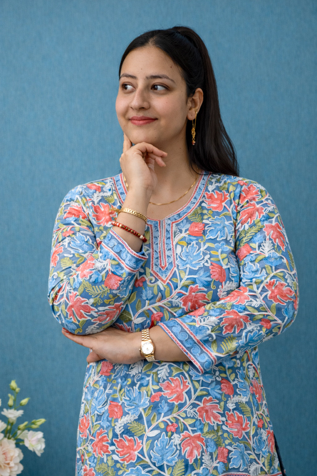 Georgette Sky Blue Kashmiri Aari Work Short Kurta