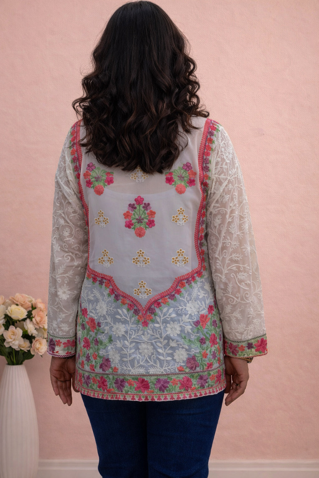 Georgette White Pink Kashmiri Aari Work Short Kurta