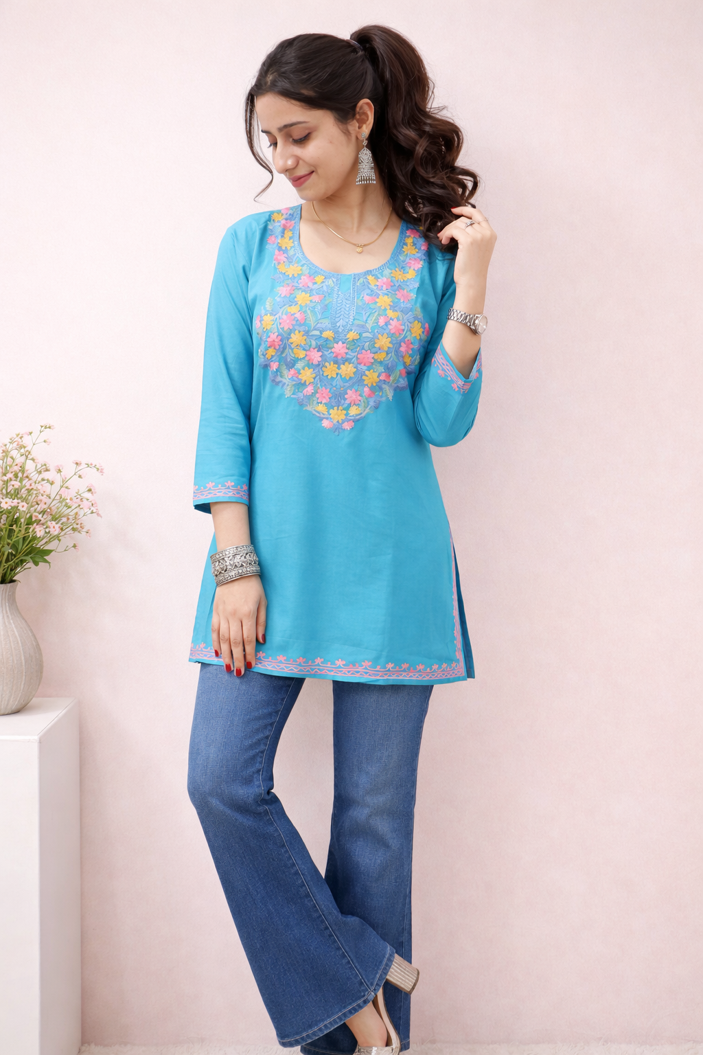 Rayon Teal Kashmiri Aari Work Short Kurta
