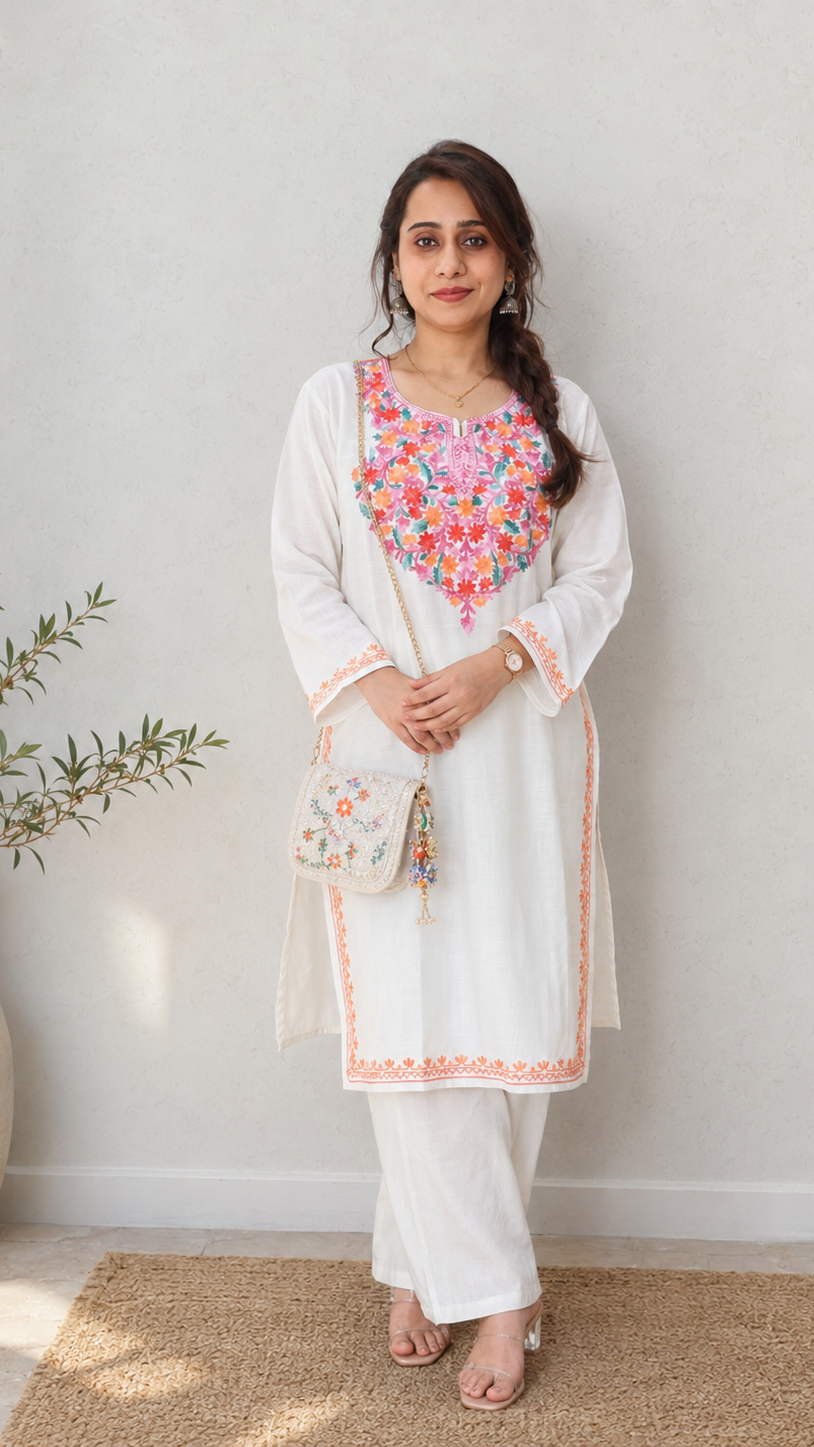 Aari Work Long Kurti in White and Purple Ruby Cotton