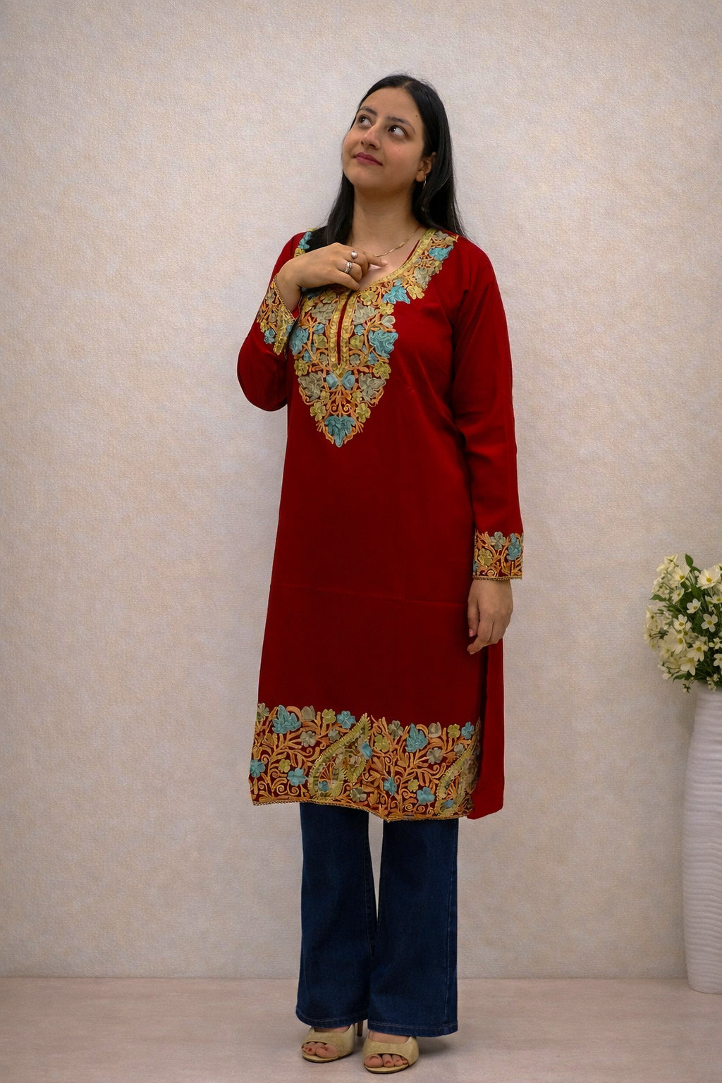 Rayon Red Kashmiri Aari Work Long Kurta