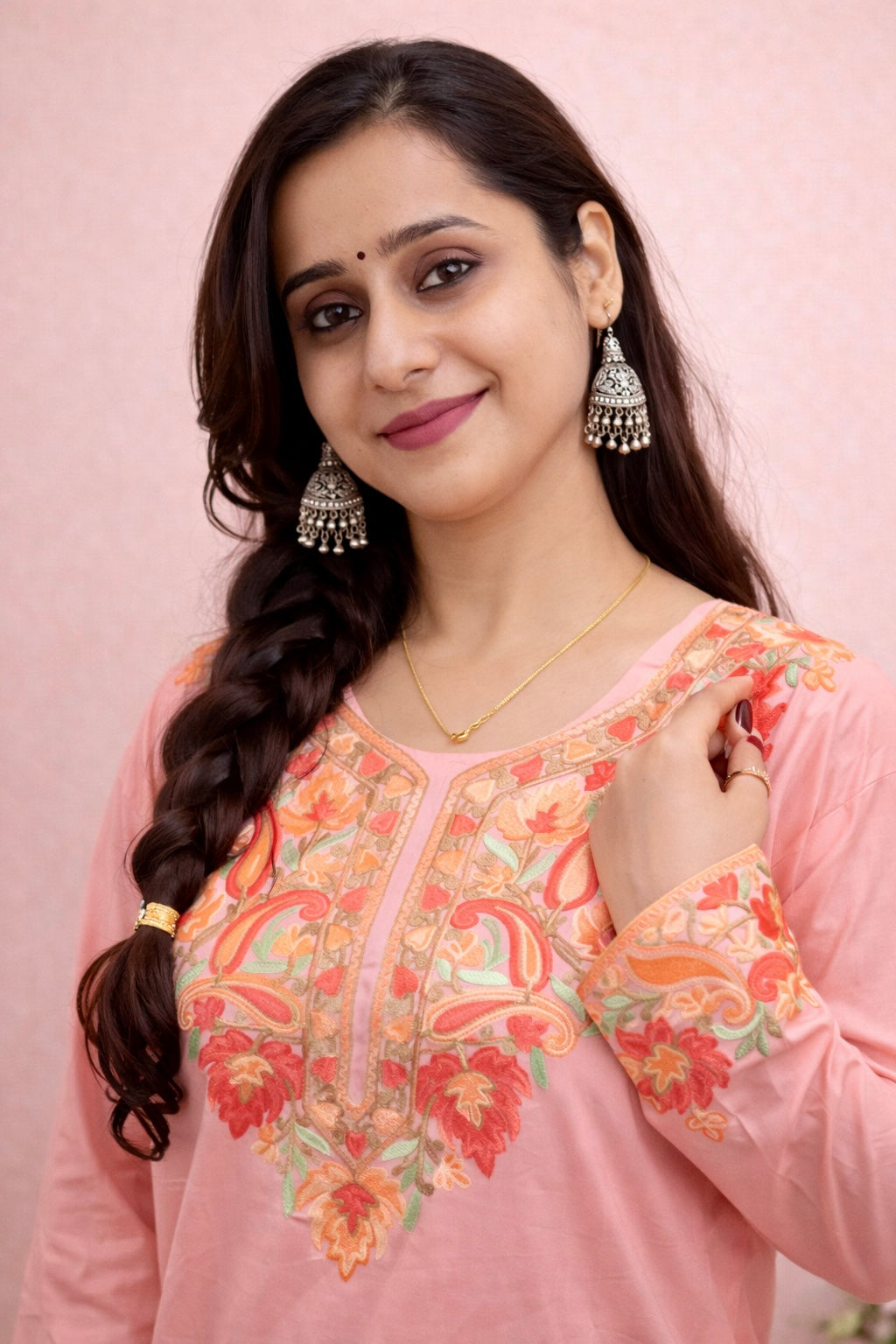 Rayon Baby Pink Kashmiri Aari Work Short Kurta