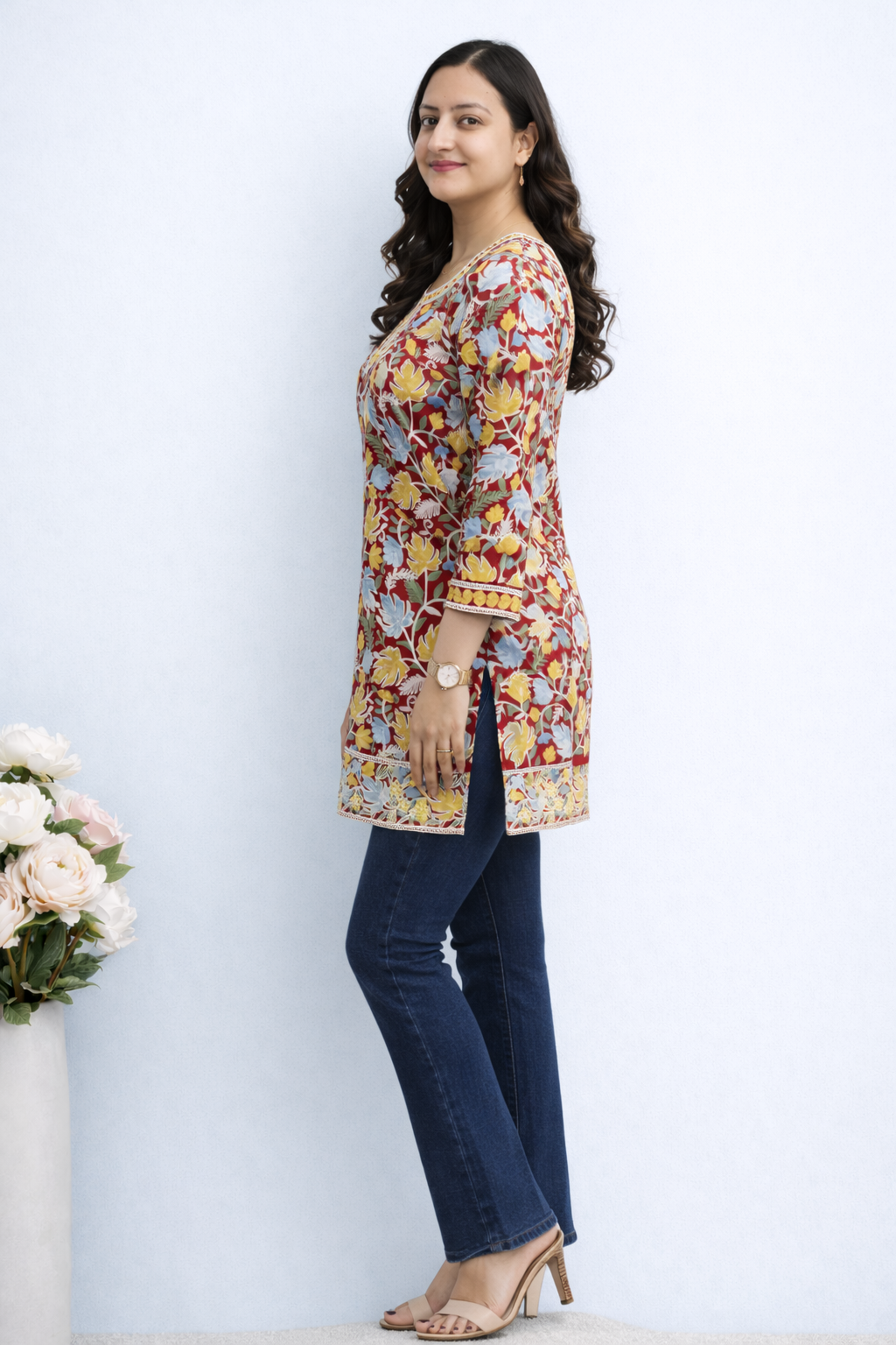 Georgette Red Blue Kashmiri Aari Work Short Kurta