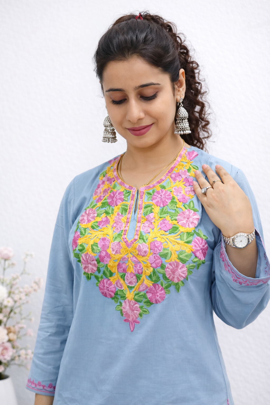 Rayon Grey Kashmiri Aari Work Short Kurta