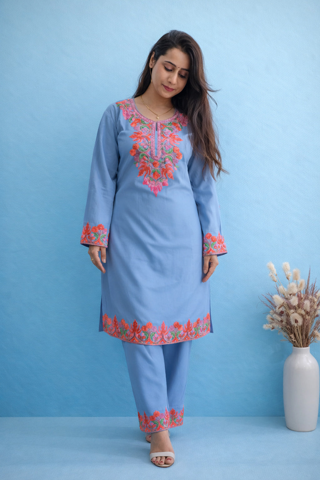 Rayon Grey Kashmiri Aari Work Cord Set