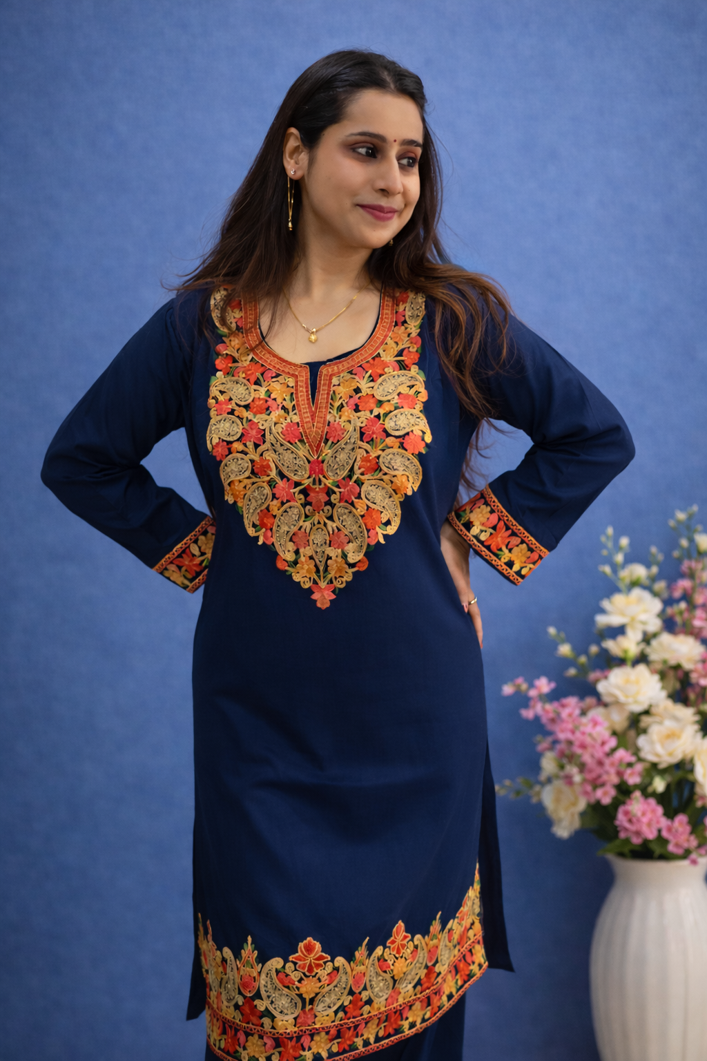 Rayon Navy Blue Kashmiri Aari Work Cord Set