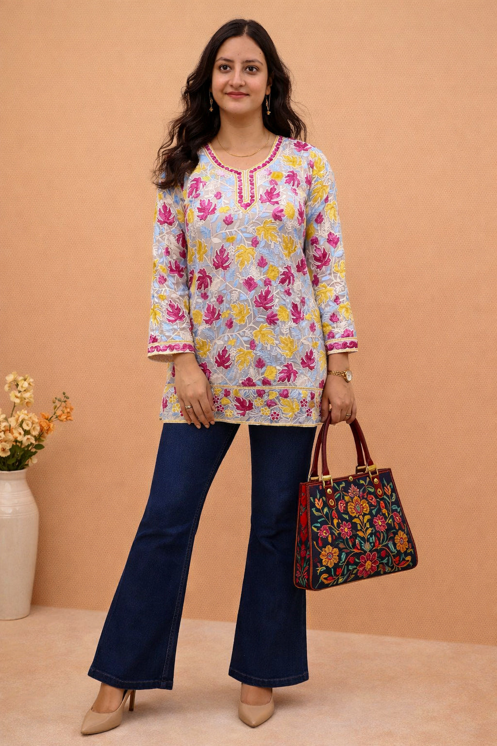 Georgette White Kashmiri Aari Work Short Kurta