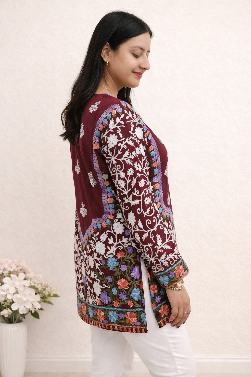 Georgette Maroon Kashmiri Aari Work Short Kurta