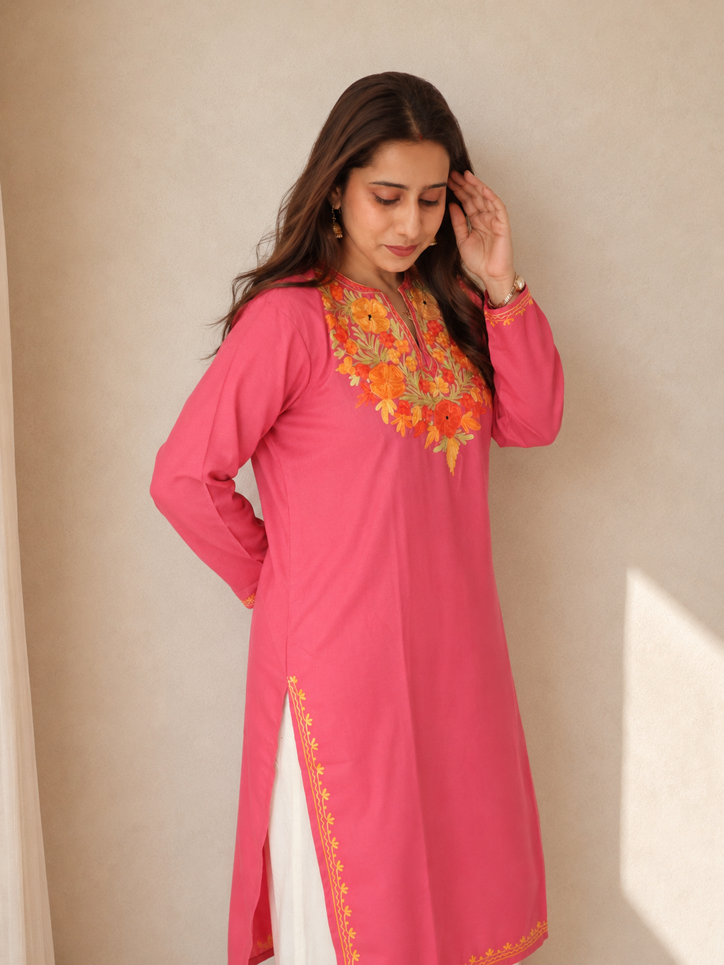 Aari Work Long Kurti in Vibrant Pink Orange Ruby Cotton