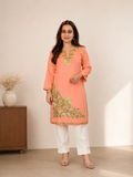 Peach Green Aari Work Long Kurti in Ruby Cotton