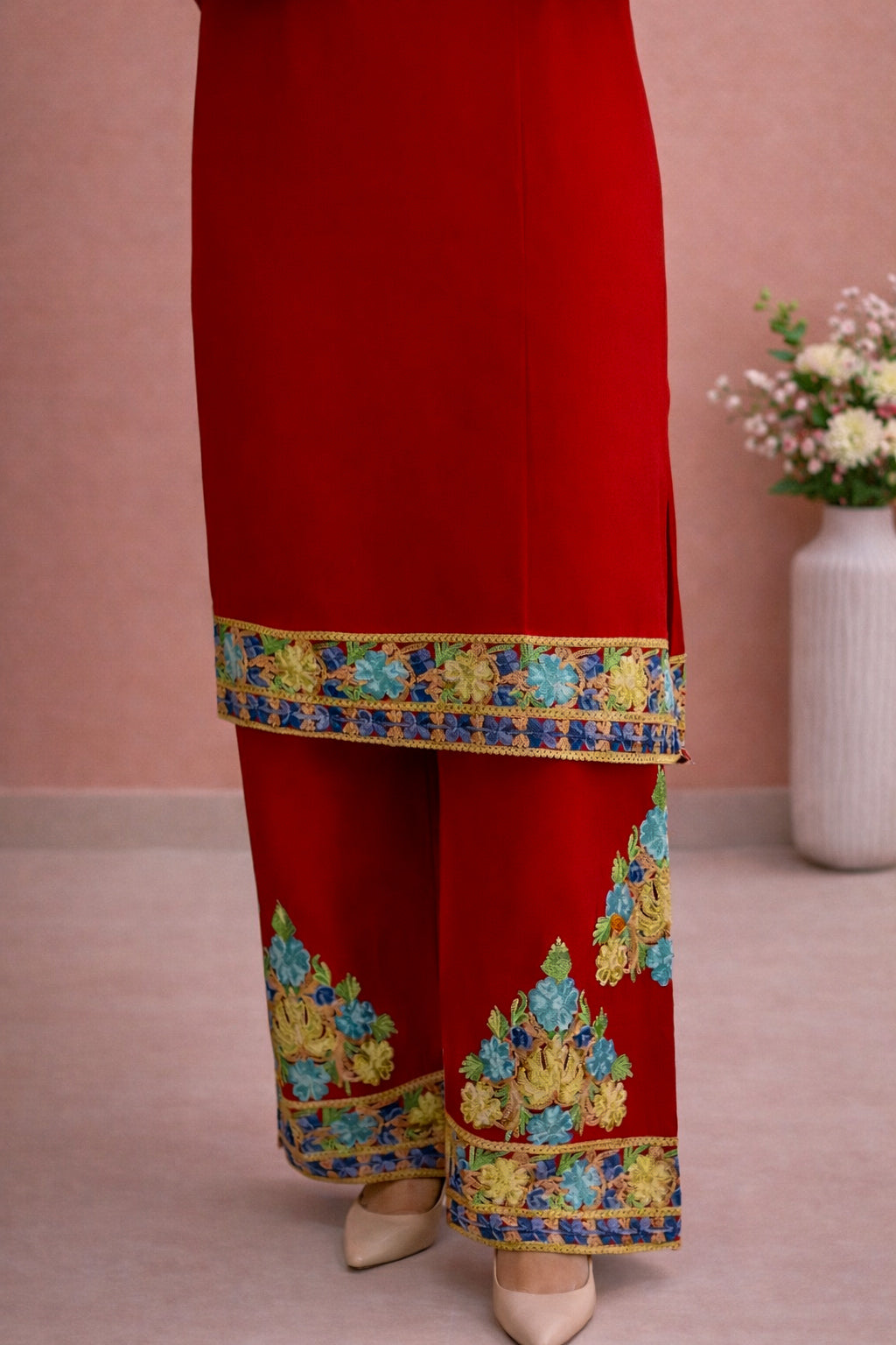 Rayon Red Kashmiri Aari Work Cord Set