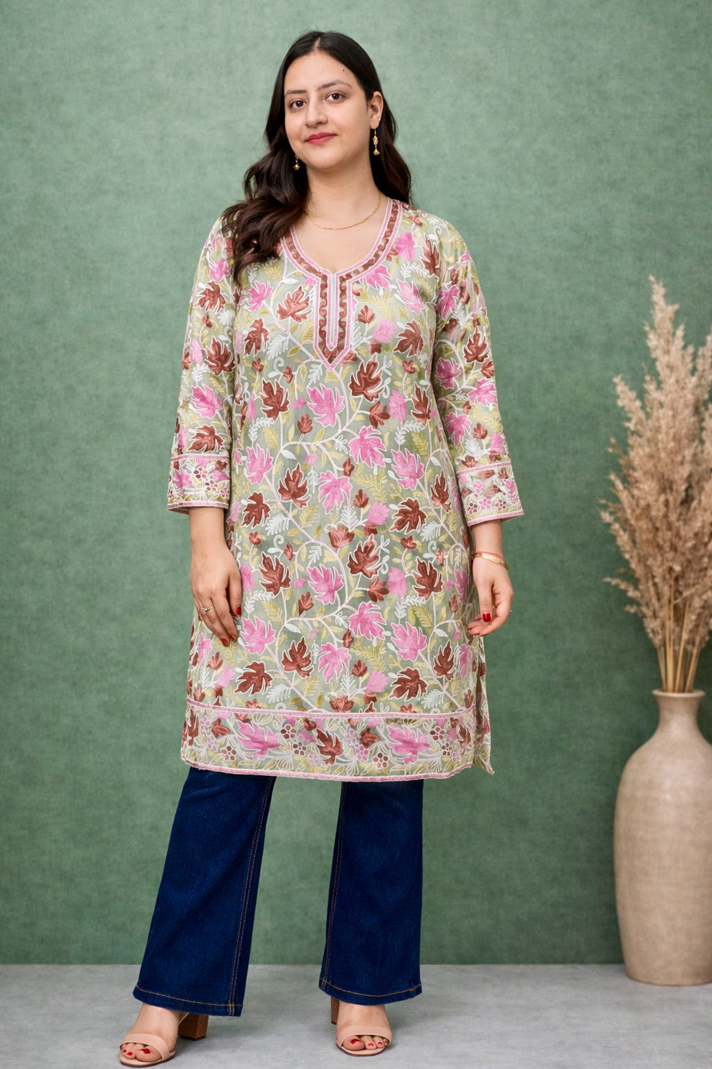 Georgette Green Kashmiri Aari Work Long Kurta