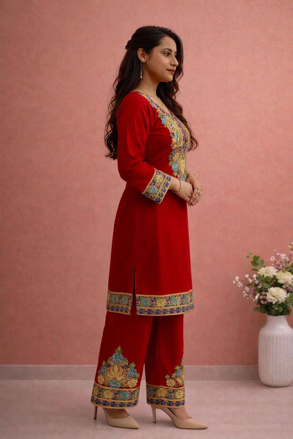 Rayon Red Kashmiri Aari Work Cord Set