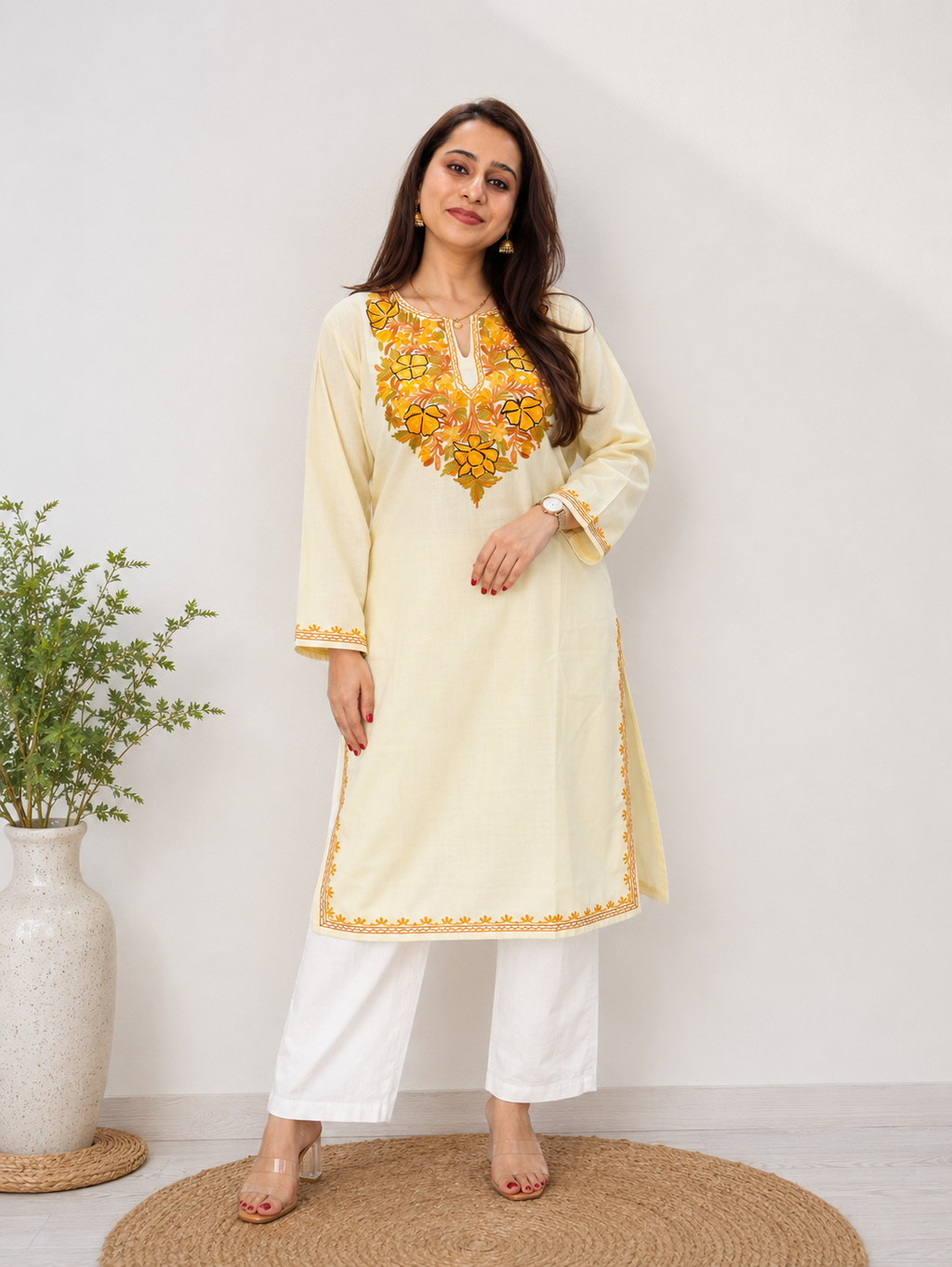 Handcrafted Aari Work Long Kurti in Light Yellow Green