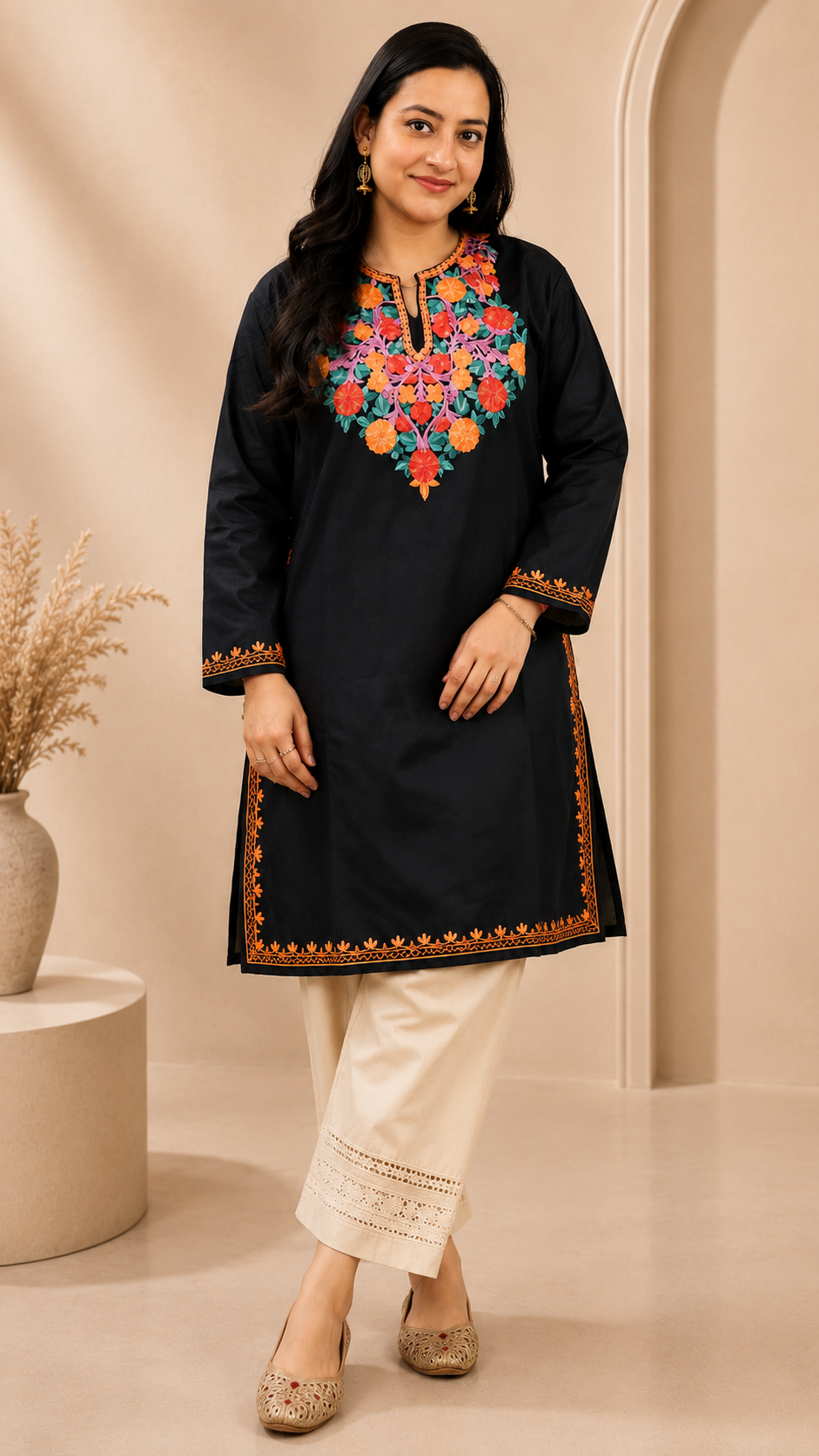 Aari Work Long Kurti in Black Ruby Cotton