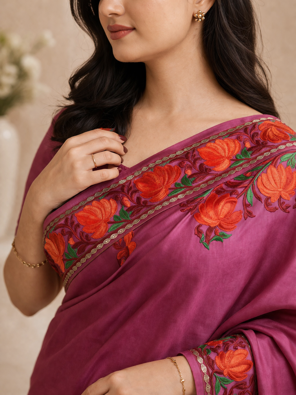 Silk Pink Kashmiri Aari Work Saree