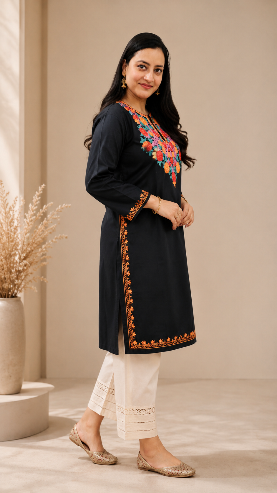 Aari Work Long Kurti in Black Ruby Cotton