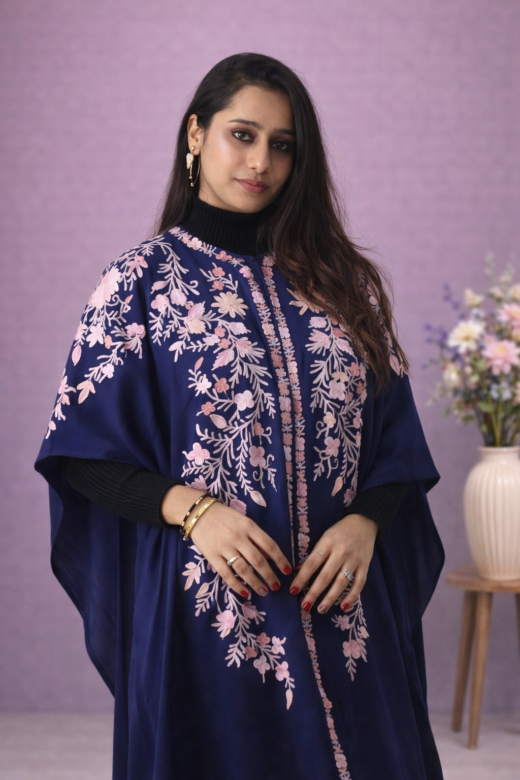 Navy Ivory Kashmiri Aari Cape Shawl