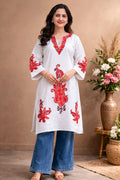 White Phiran with Red Aari Embroidery