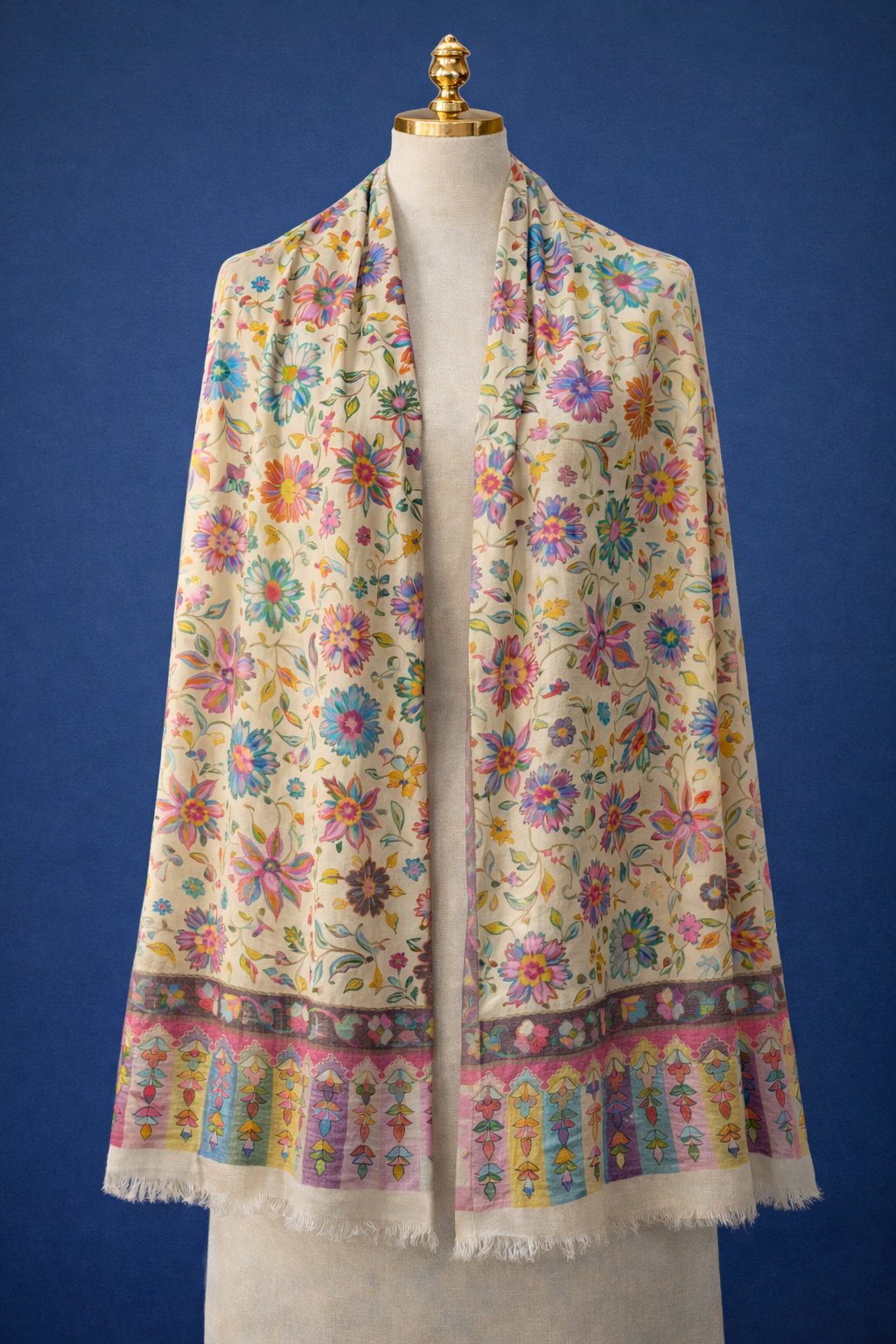 Cream Multicolor Handmade Floral Stole