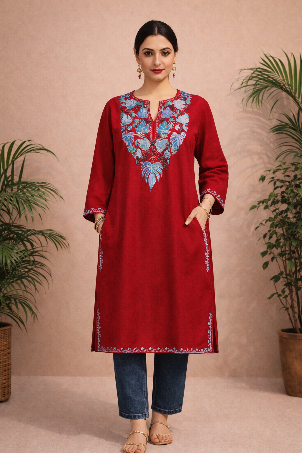 Ruby Red Aari Work Phiran