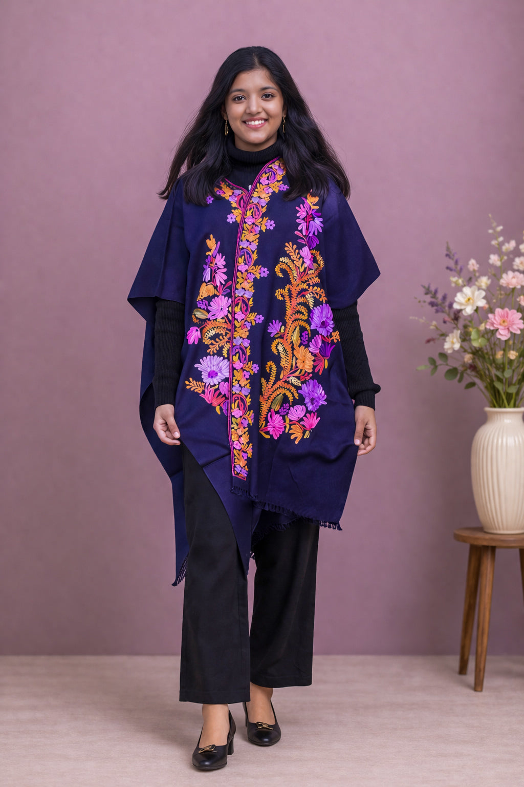 Gulnaar Navy Kashmiri Aari Cape Shawl
