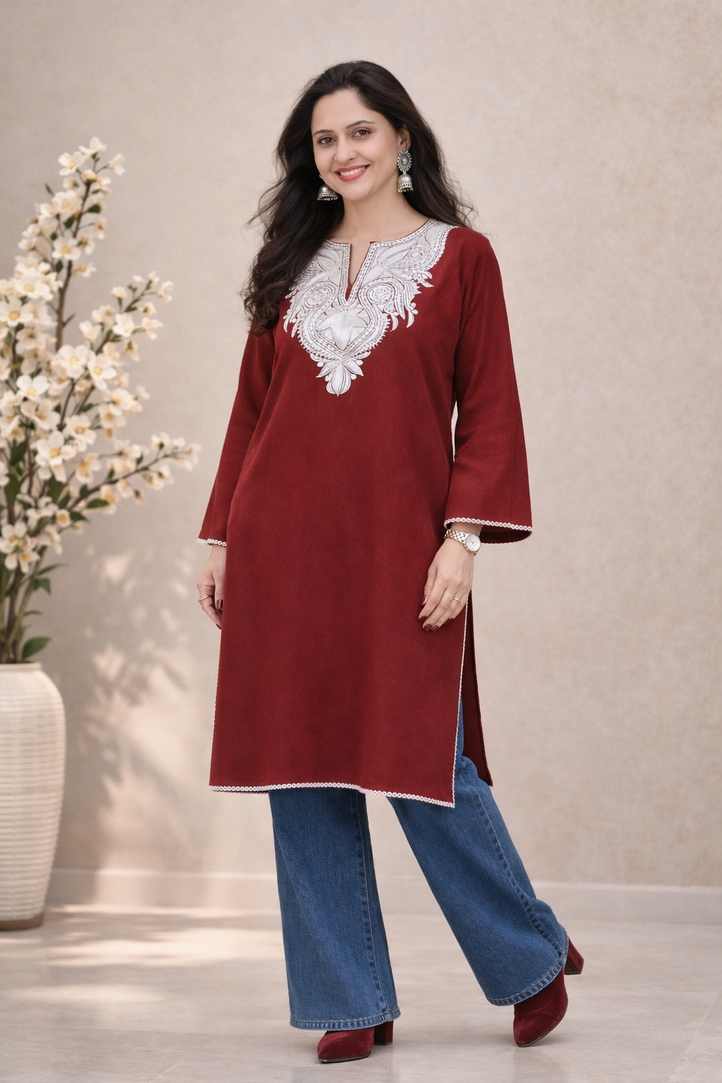 Classic Wine Tilla Embroidered Kashmiri Phiran