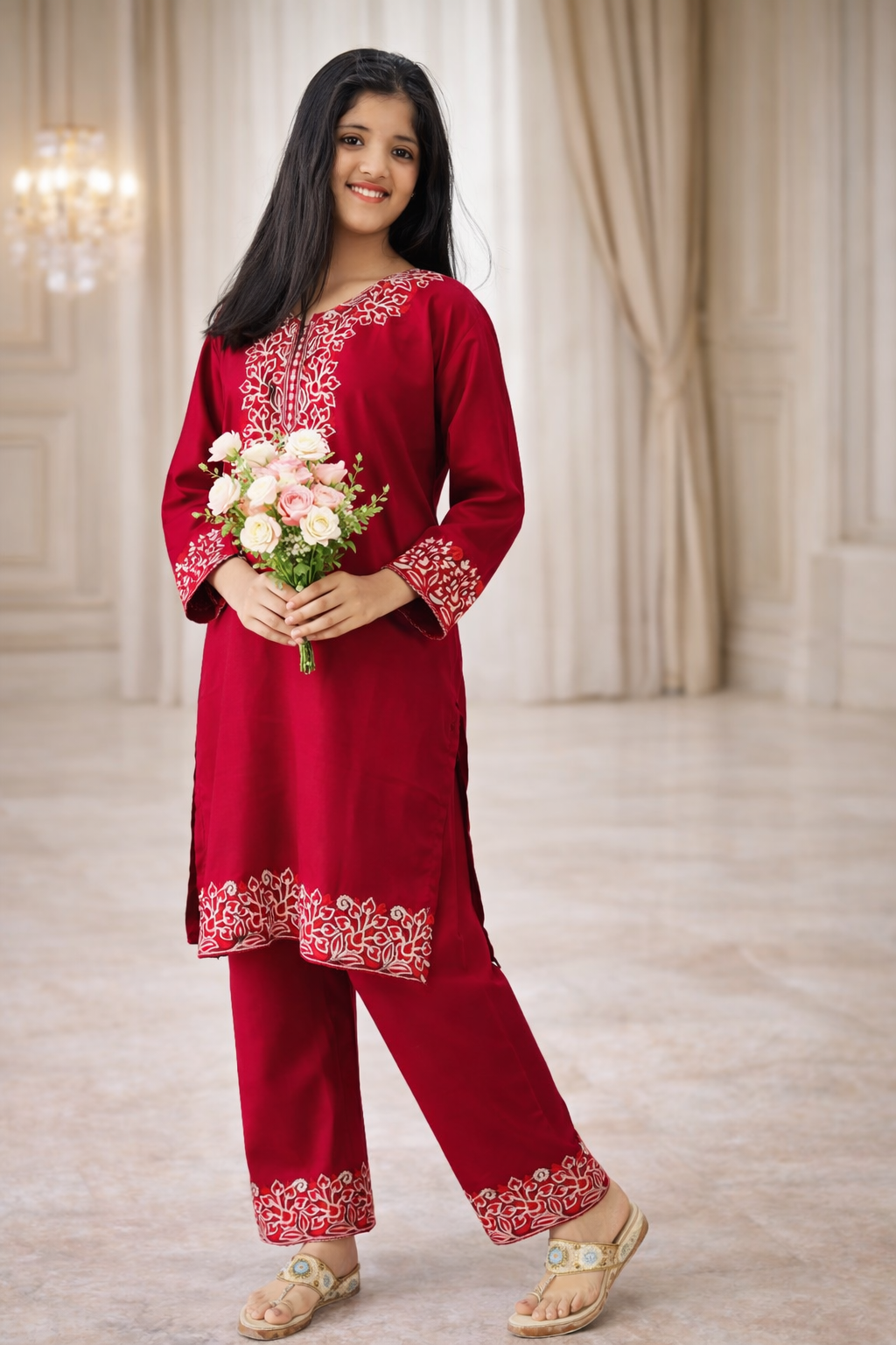 Red Floral Embroidered Cashmilon Cord Set