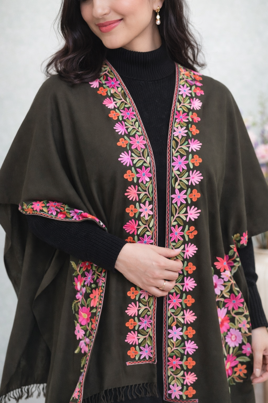 Olive Bloom Kashmiri Aari Cape Shawl
