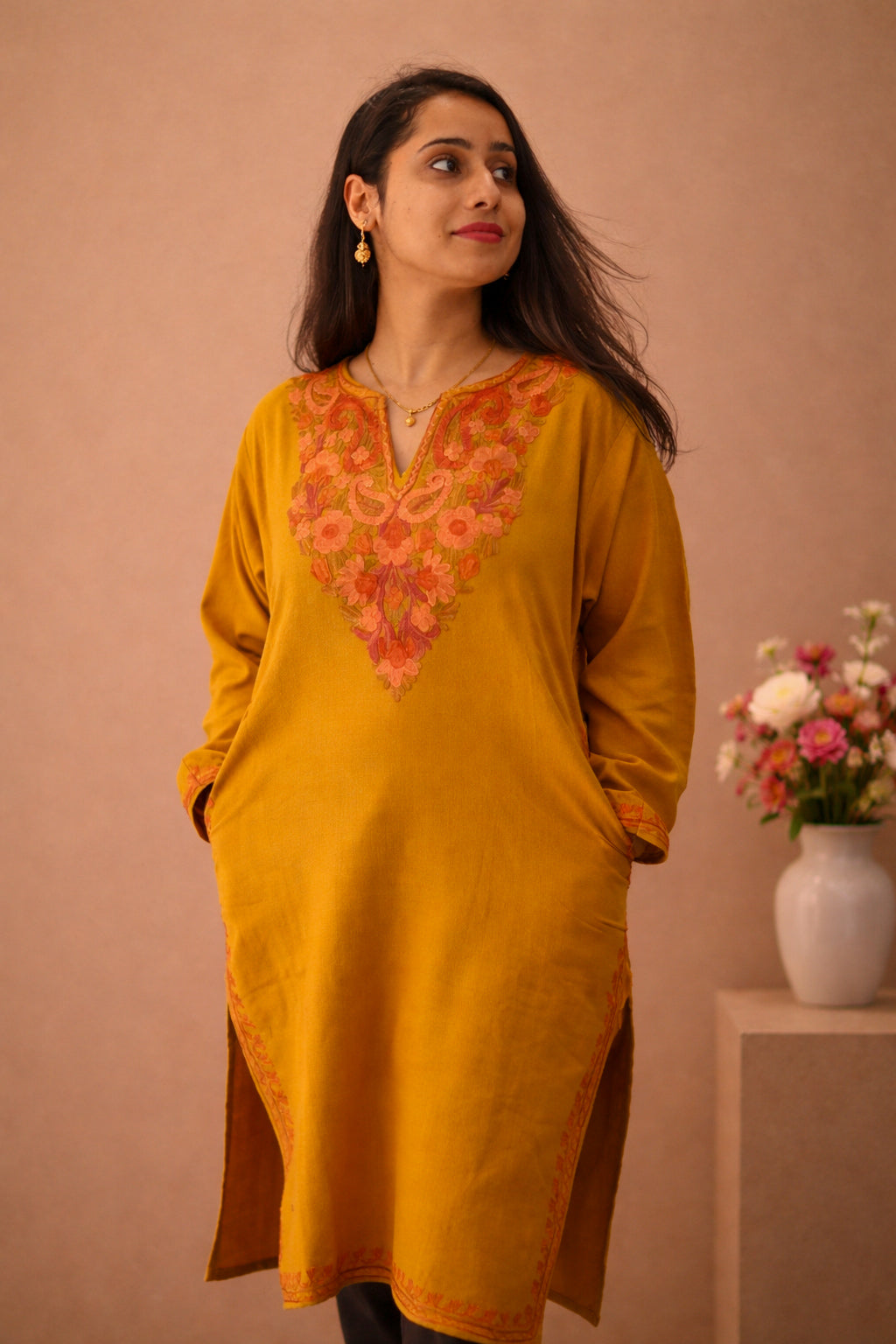 Mustard Winter Long Kurti with Aari Embroidery