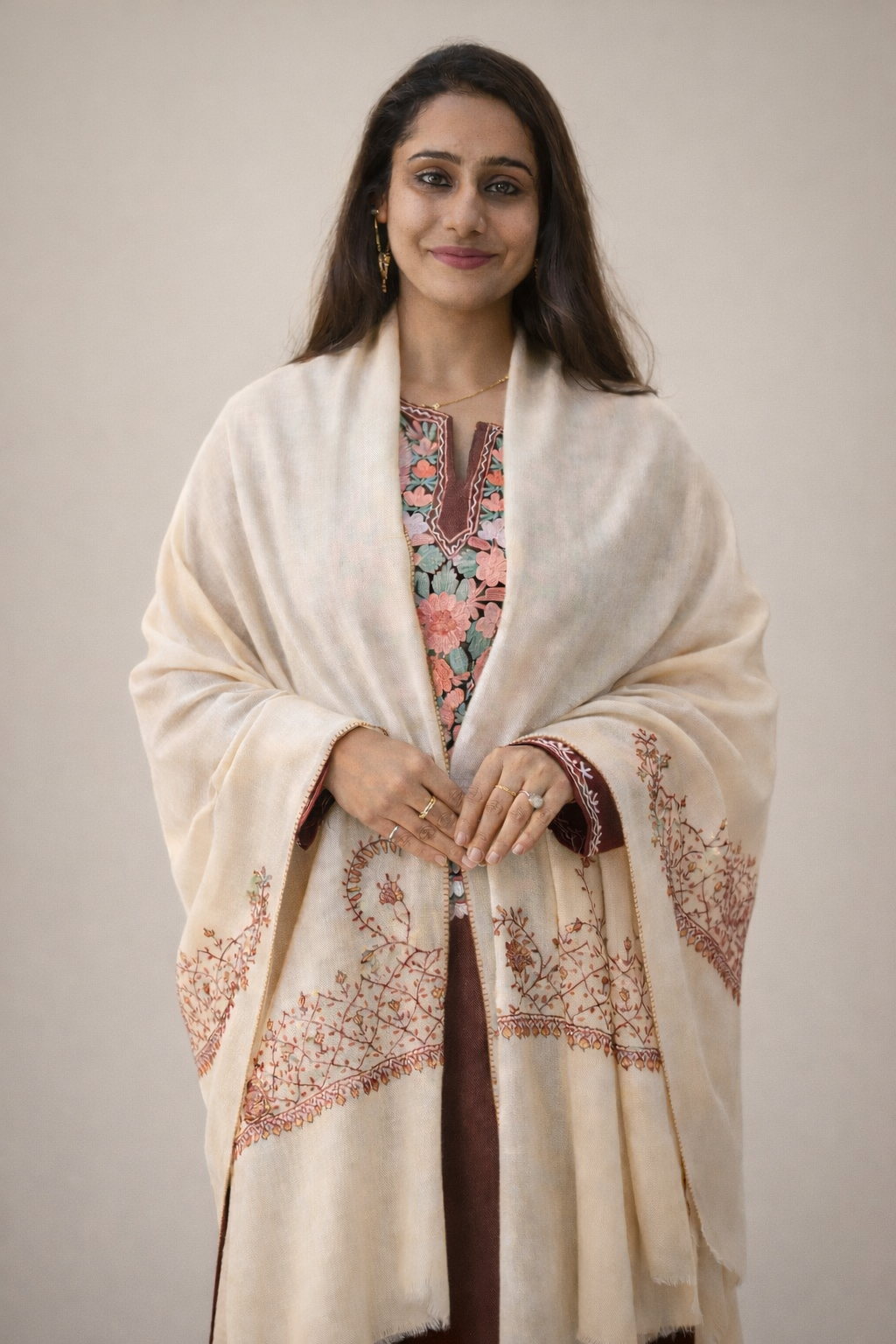 Cream Handmade Kashmiri Embroidered Stole