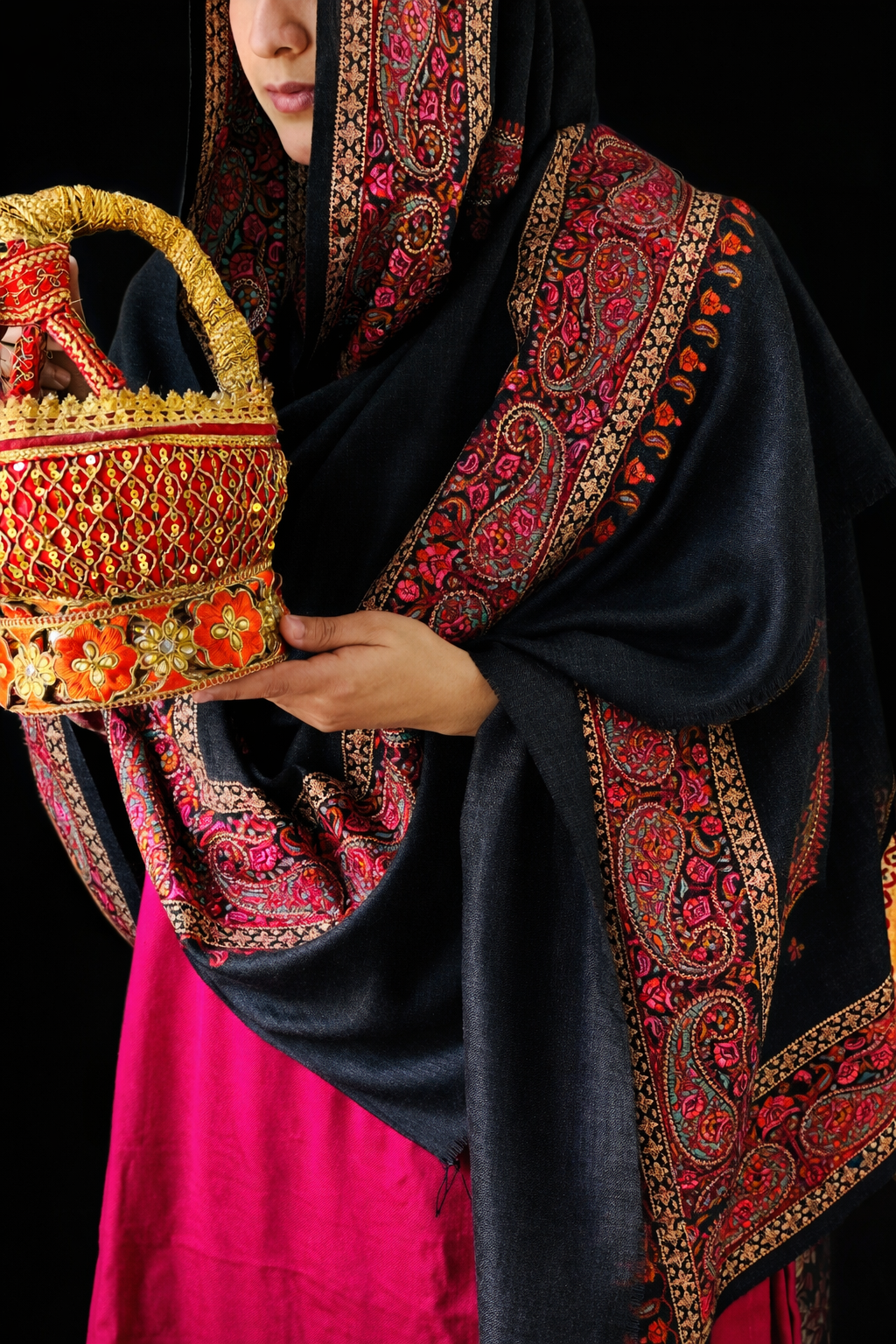 Black Handmade Kashmiri Embroidered Shawl
