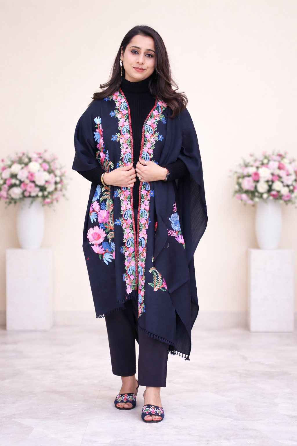 Black Garden Kashmiri Aari Cape Shawl
