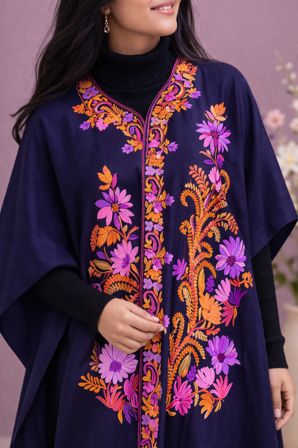 Gulnaar Navy Kashmiri Aari Cape Shawl