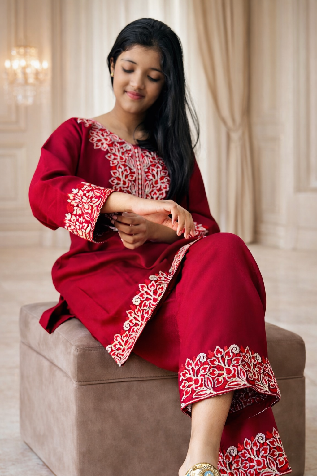 Red Floral Embroidered Cashmilon Cord Set